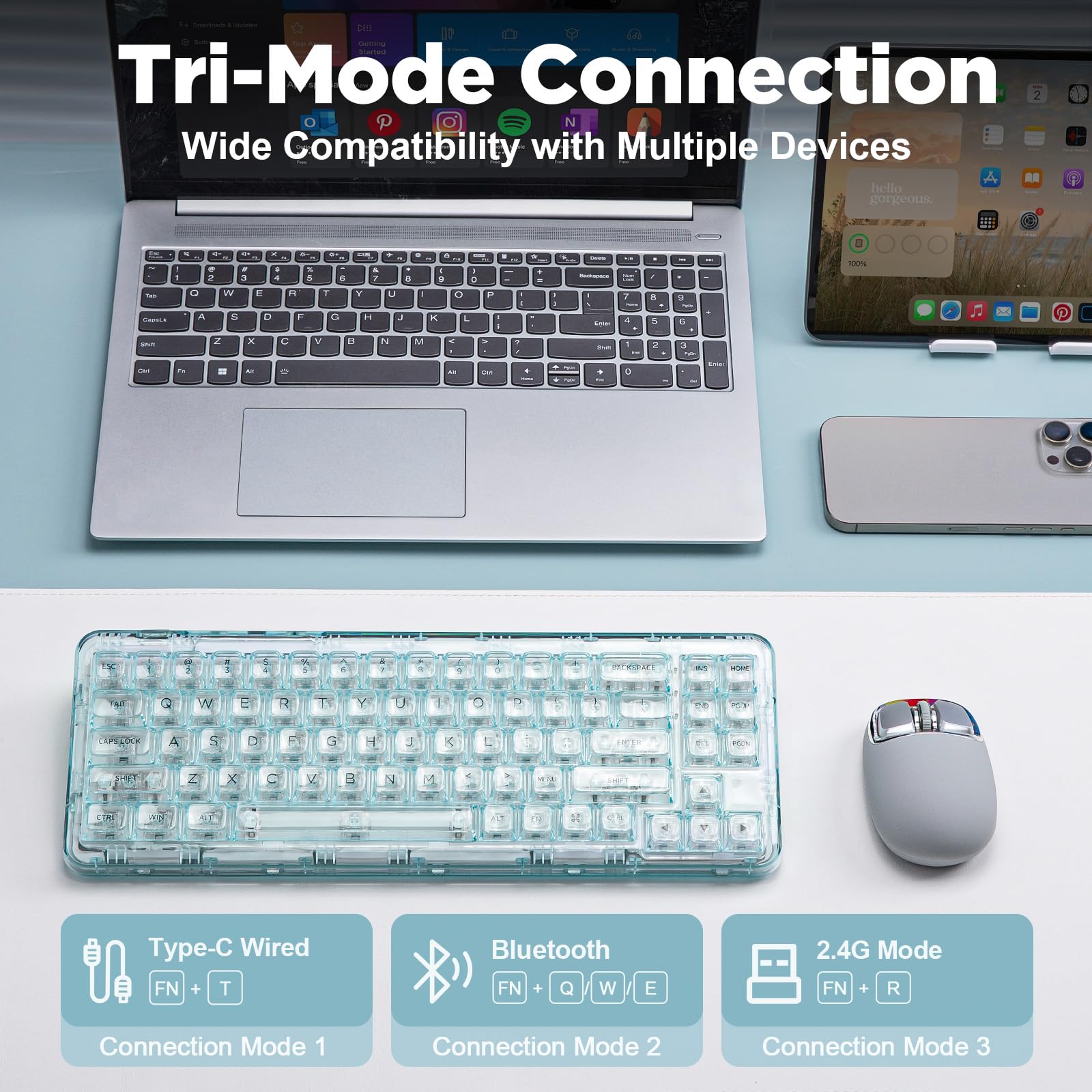 Amazon.com: YUNZII X71 無線熱插拔透明機械鍵盤,附透明鍵帽,68% 佈局